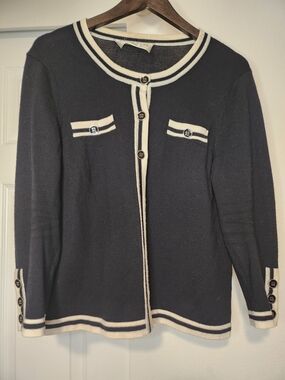 Trina Turk Vermouth Navy & Ivory Contrast Trim Cardigan
